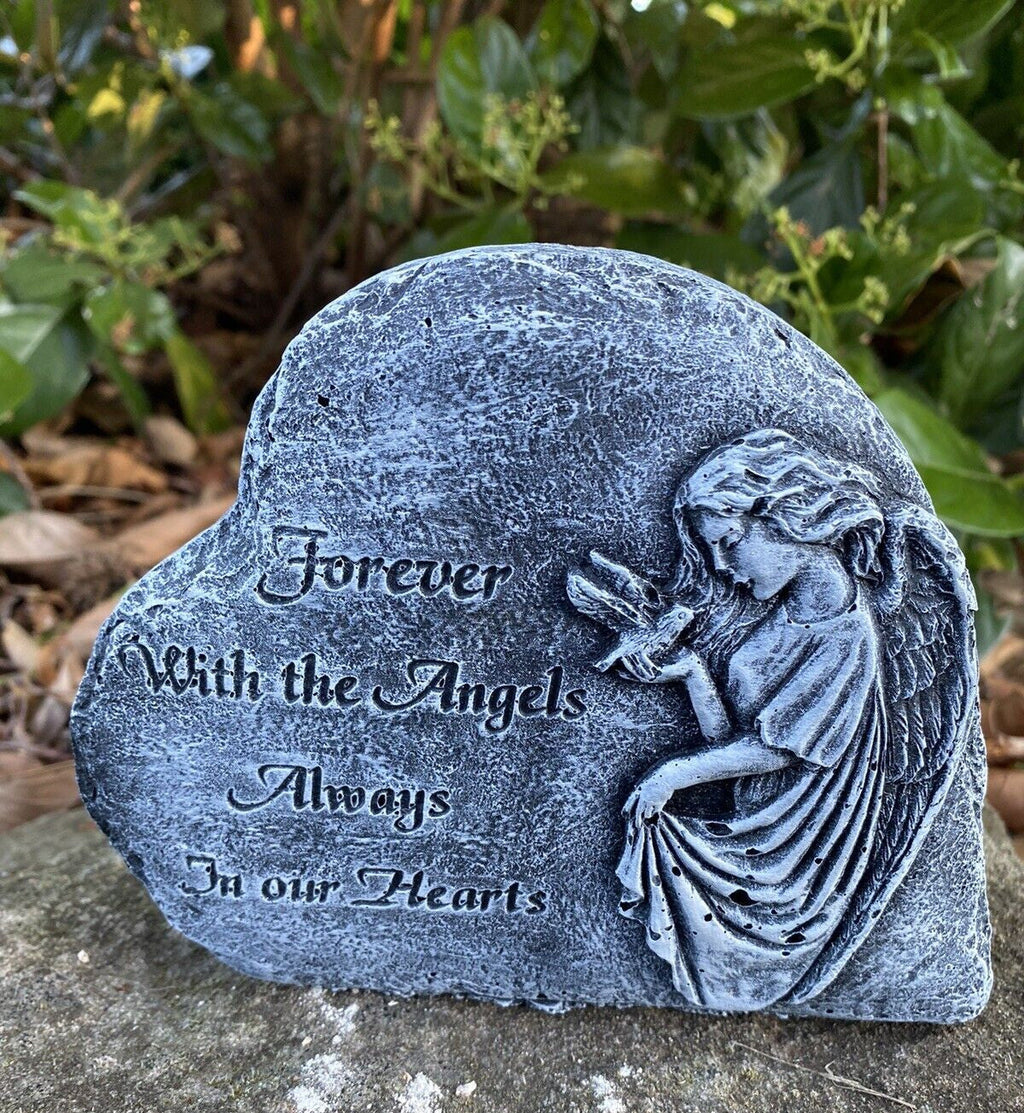 22nice4me Garden Statues heart-shaped concrete memorial plaque featuring an angel holding a bird in a garden setting