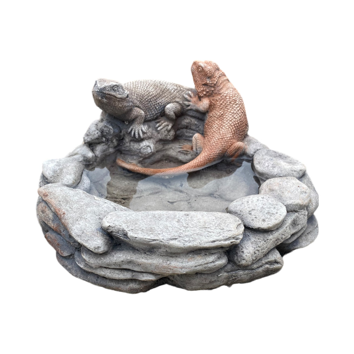 22nice4me Garden Statues concrete bird and bee bath featuring two hand-painted bearded dragons on a rock base