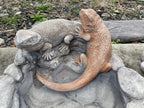 22nice4me Garden Statues concrete bird and bee bath featuring two hand-painted bearded dragons on a rock base