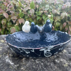 22nice4me Garden Statues ceramic blue bird feeder bowl with decorative bird figurines on the rim in a garden setting