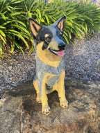 22nice4me Garden Statues hand-painted poly resin Blue Heeler dog figurine sitting on a rock in a garden setting