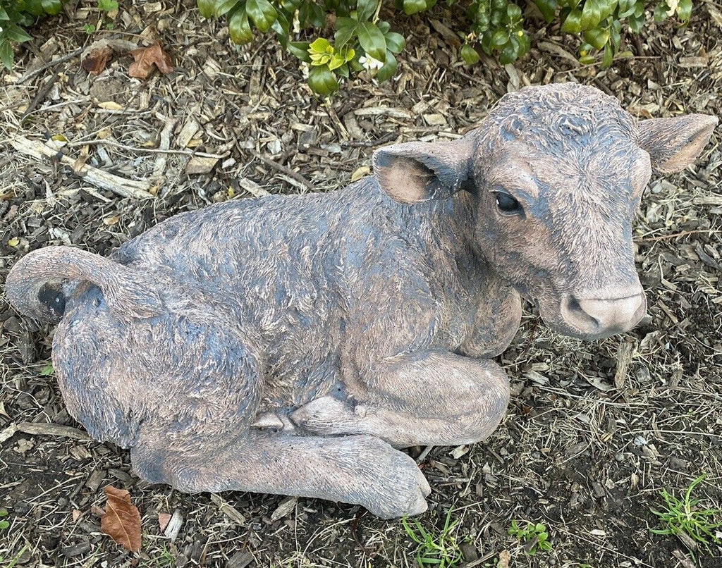 22nice4me Garden Statues brown concrete cow calf ornament in a resting pose with a realistic hand-painted finish