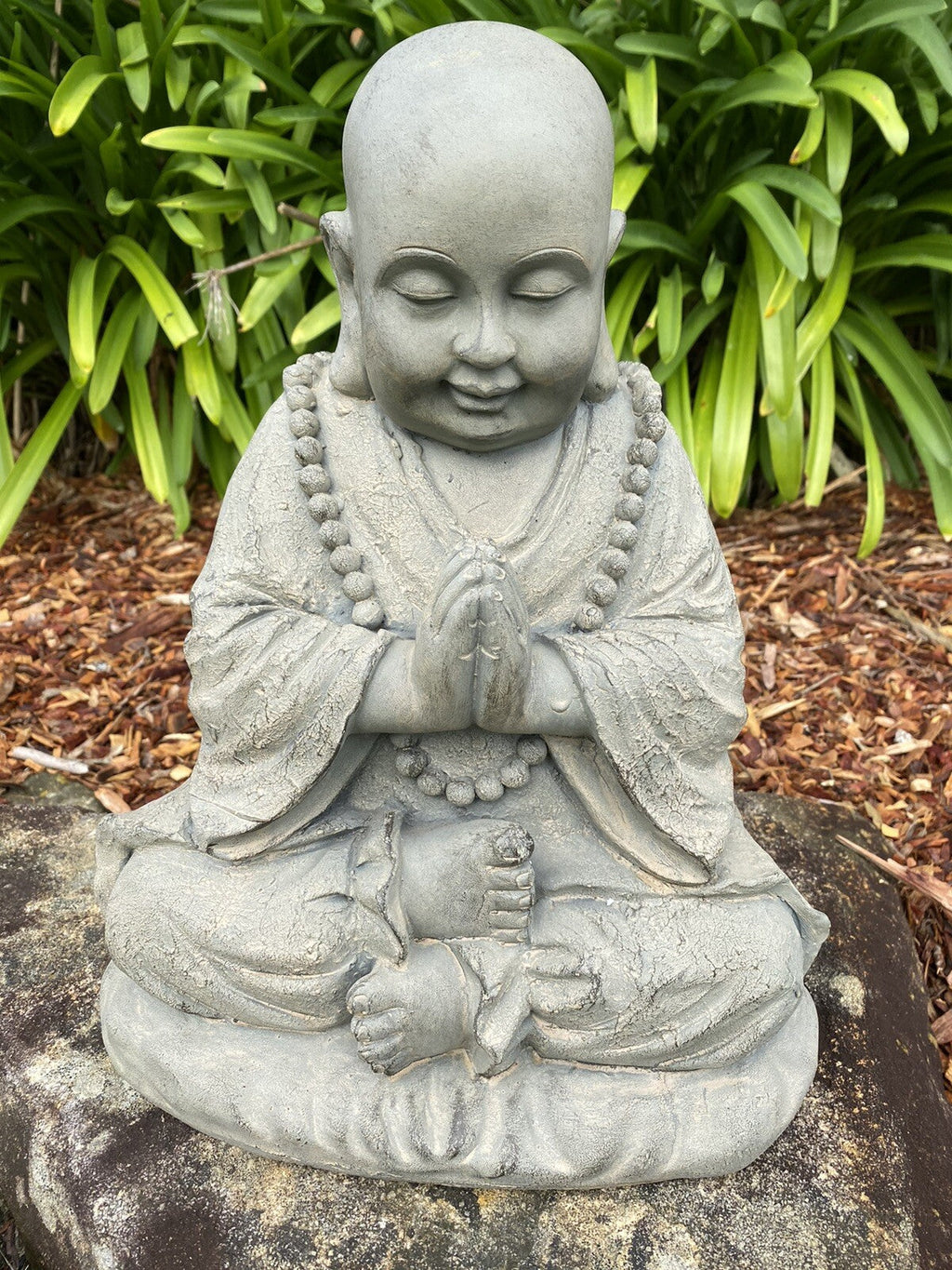 22nice4me Garden Statues blessing Buddha figurine in grey GRC concrete with an antique hand-painted finish.