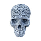 22nice4me Garden Statues concrete skull ornament with intricate Celtic knotwork carvings in a grey stone finish.