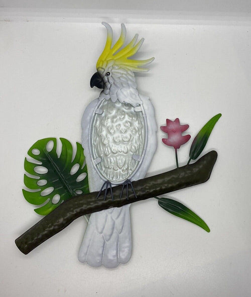 22nice4me Garden Statues metal wall art featuring a hand-painted cockatoo on a branch with glass embossed detail.