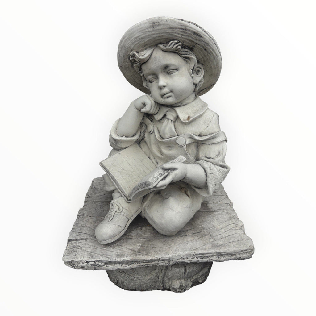 22nice4me Garden Statues concrete boy reading a book statue sitting on a rustic bench, 62cm tall, natural grey finish