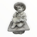 22nice4me Garden Statues concrete boy reading a book statue sitting on a rustic bench, 62cm tall, natural grey finish