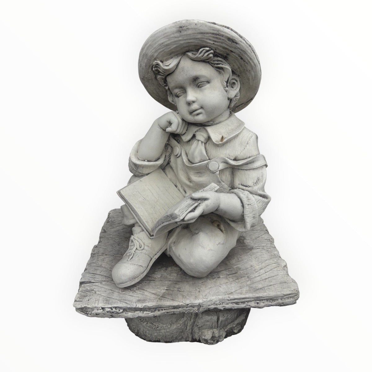 22nice4me Garden Statues concrete boy reading a book statue sitting on a rustic bench, 62cm tall, natural grey finish