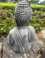 22nice4me Garden Statues concrete Buddha ornament with weathered grey finish and detailed robe, back view in garden