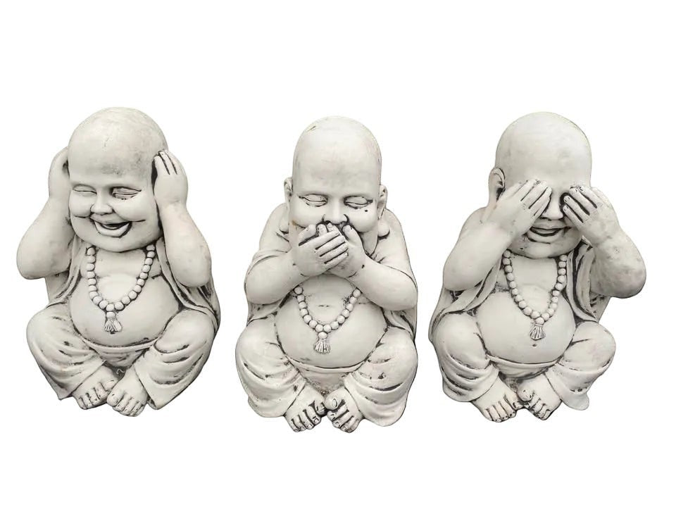 22nice4me Garden Statues set of 3 concrete Buddha figures depicting hear, speak, and see no evil in a serene pose.