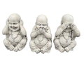 22nice4me Garden Statues set of 3 concrete Buddha figures depicting hear, speak, and see no evil in a serene pose.