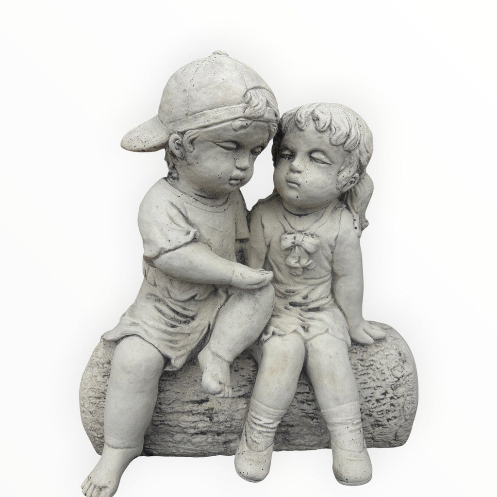 22nice4me Garden Statues concrete boy and girl sitting on a log ornament in a natural stone finish