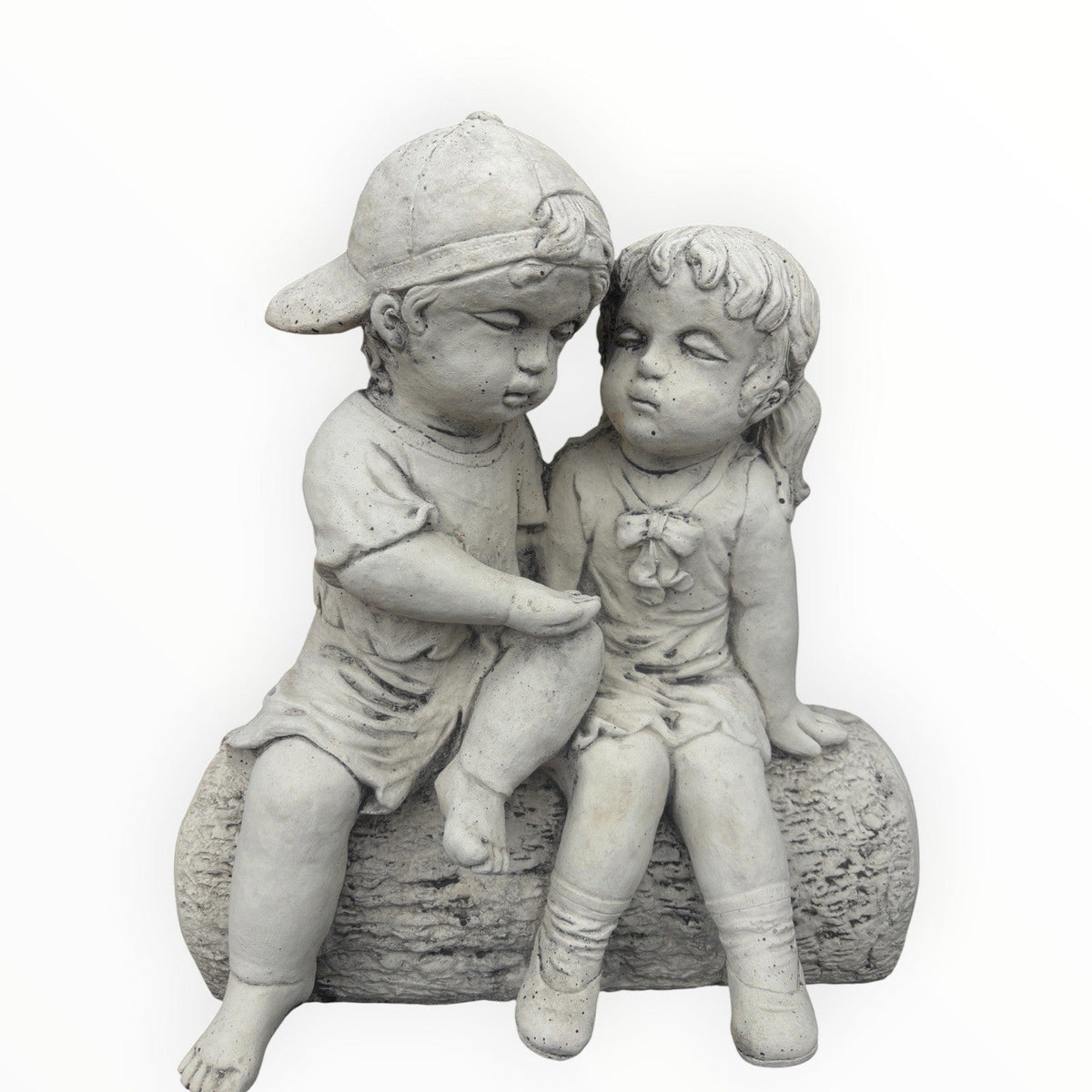22nice4me Garden Statues concrete boy and girl sitting on a log ornament in a natural stone finish
