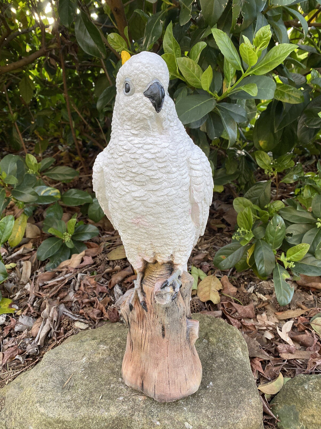 22nice4me Garden Statues hand-painted concrete sulphur-crested cockatoo ornament perched on a branch in a garden