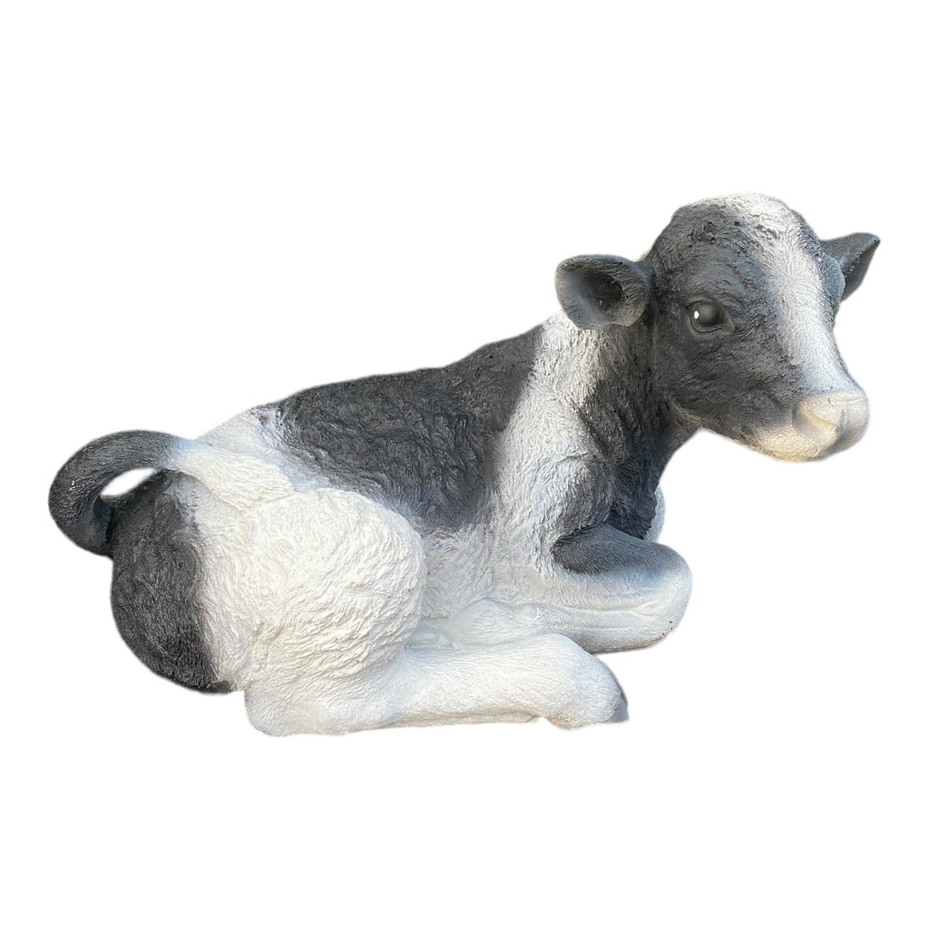 22nice4me Garden Statues hand-painted concrete Holstein Friesian cow ornament in a resting pose with antique finish.
