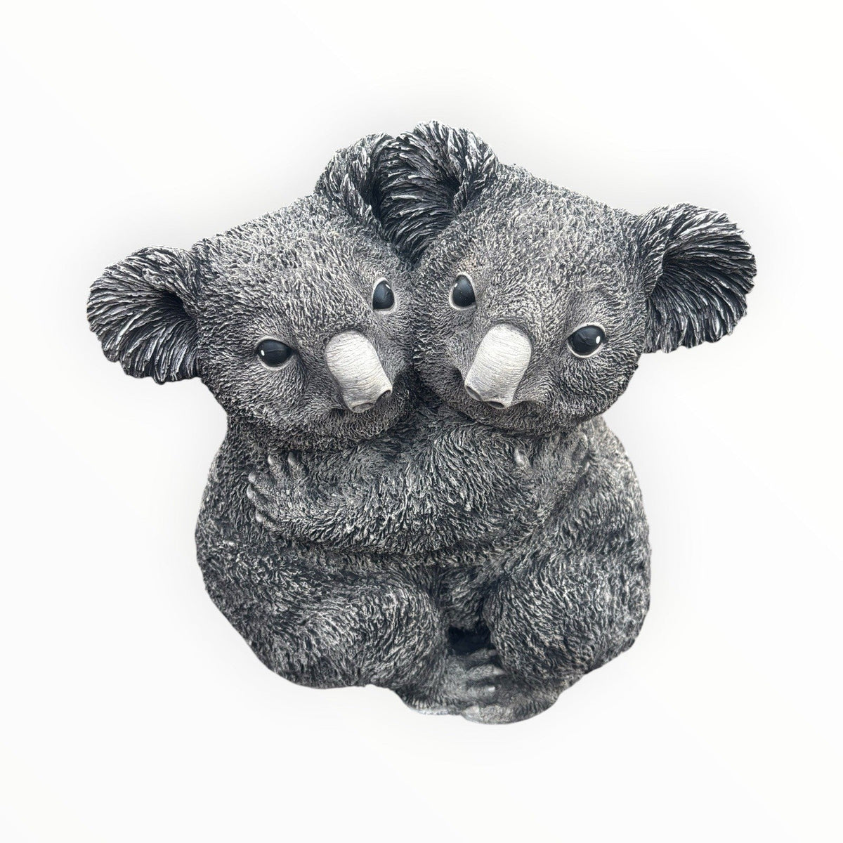 22nice4me Garden Statues grey concrete koala pair cuddling, featuring detailed fur texture and expressive faces.