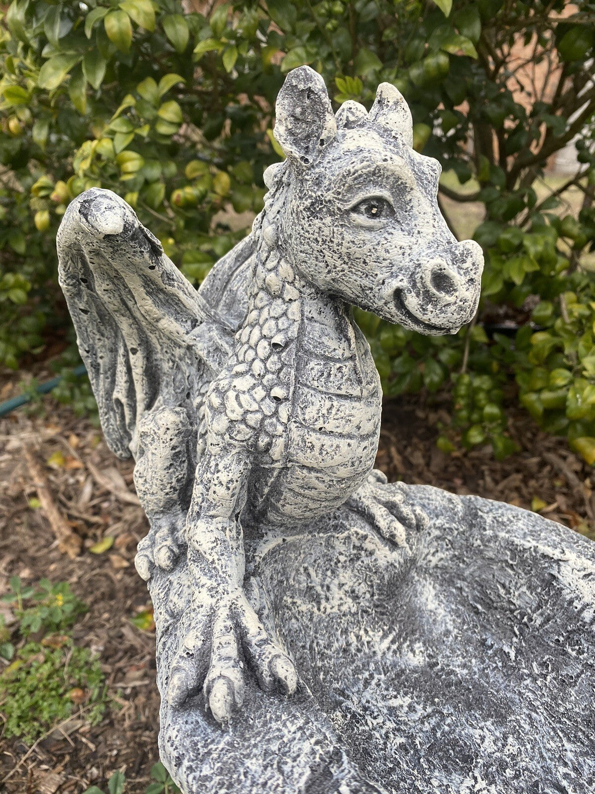 22nice4me Garden Statues concrete dragon bird bath with hand-painted textured details in a garden setting