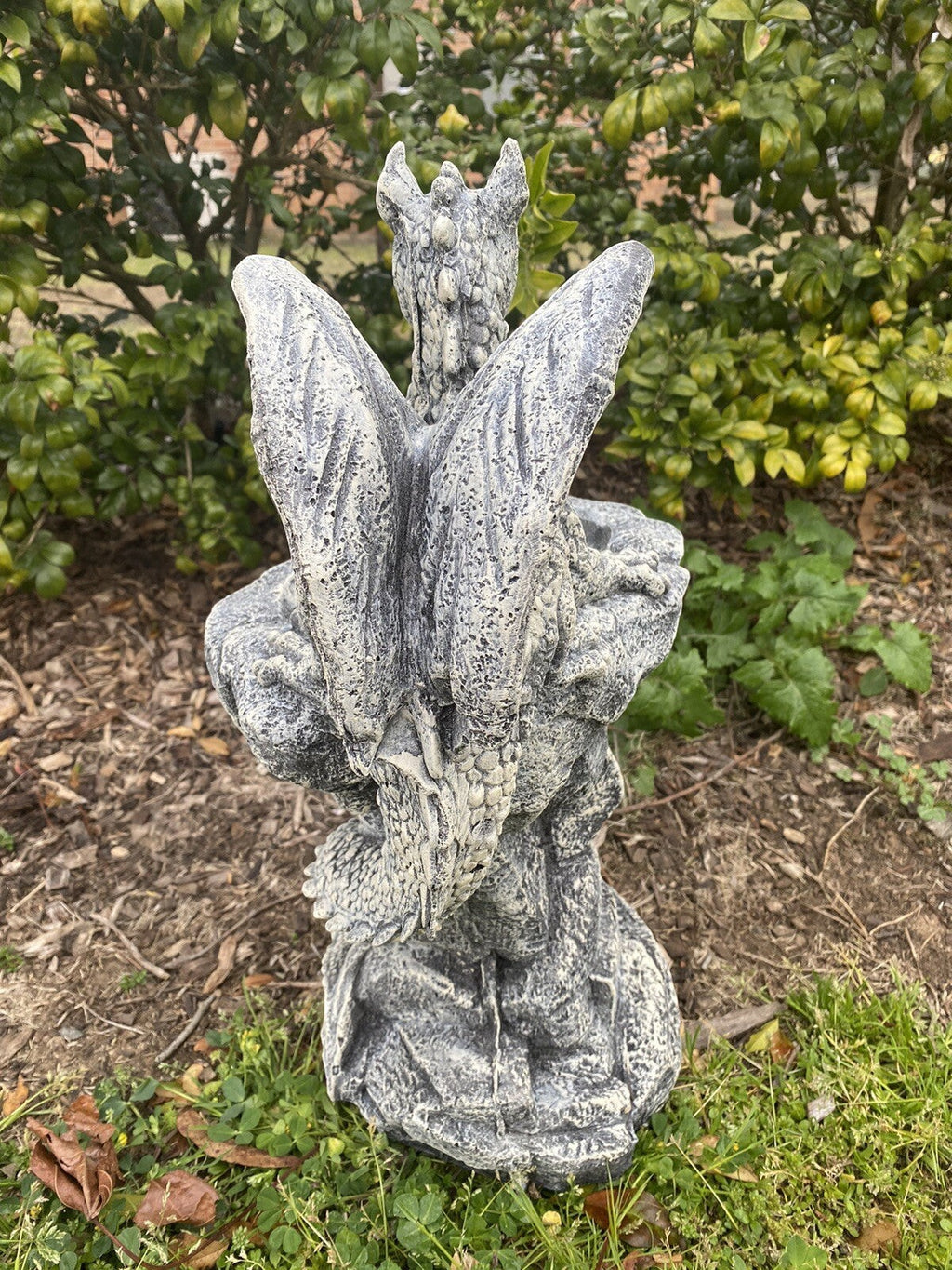 22nice4me Garden Statues concrete dragon bird bath with hand-painted grey textured finish in a garden setting