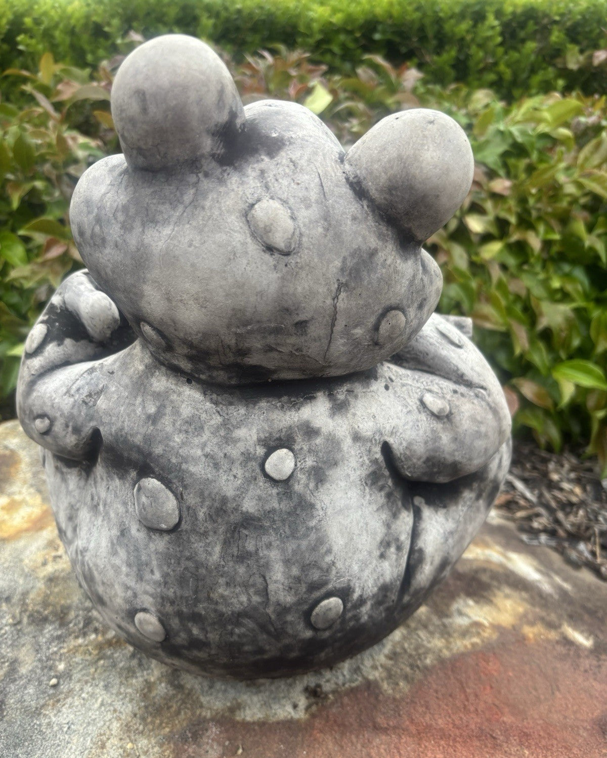 22nice4me Garden Statues concrete frog ornament with a weathered grey finish, viewed from the back in a garden setting.