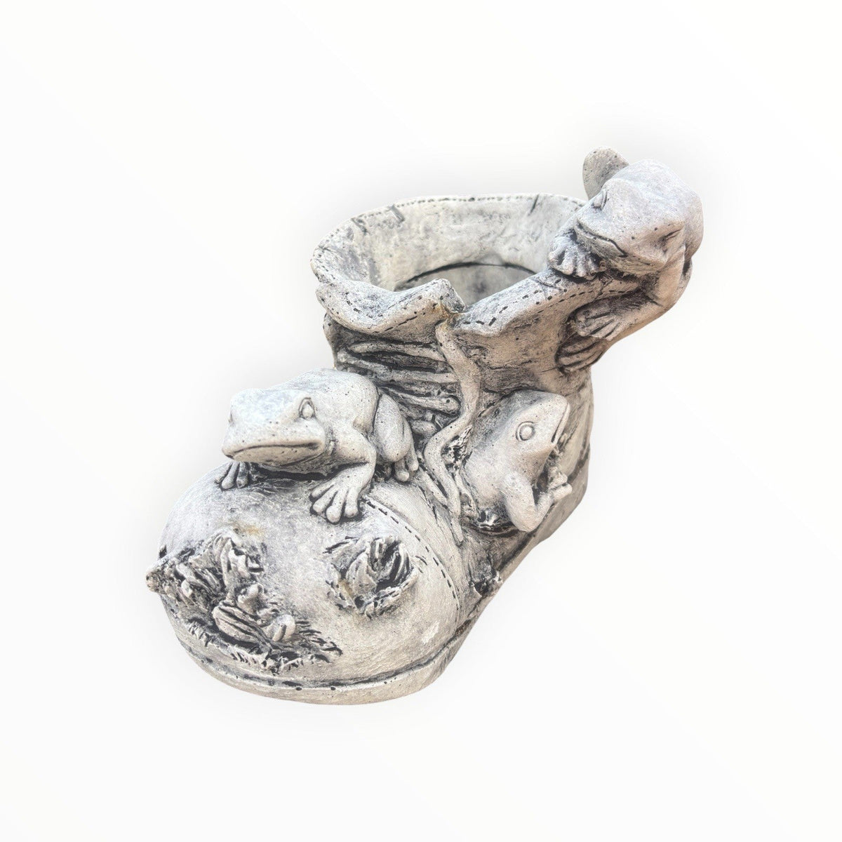 22nice4me Garden Statues concrete boot planter featuring detailed frog figures in a natural rustic grey finish