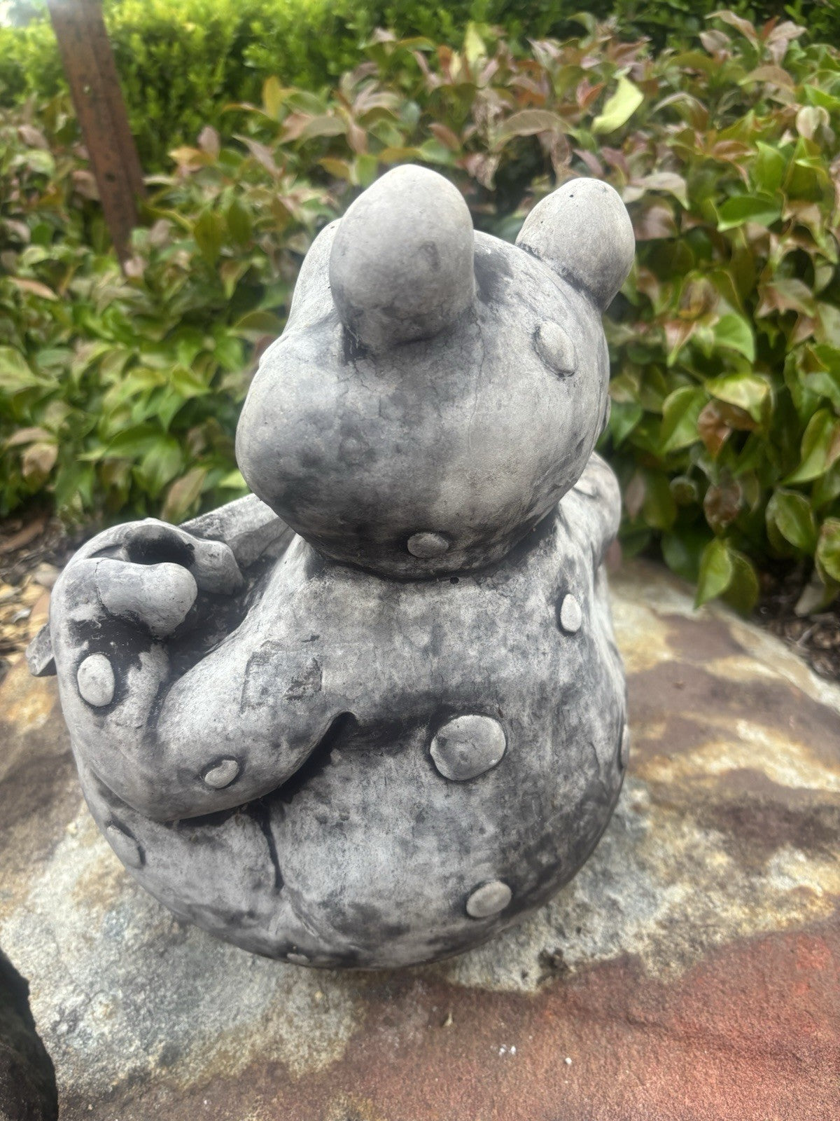 22nice4me Garden Statues concrete frog ornament with a weathered grey finish, viewed from the back in a garden setting
