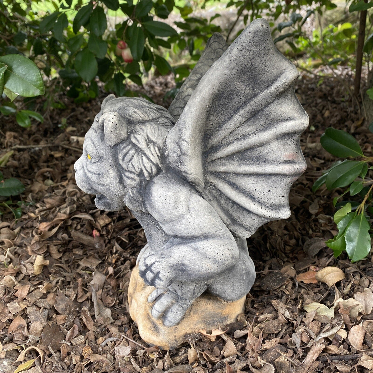 22nice4me Garden Statues hand-painted concrete gargoyle perched on a rock with a matte finish in a garden setting