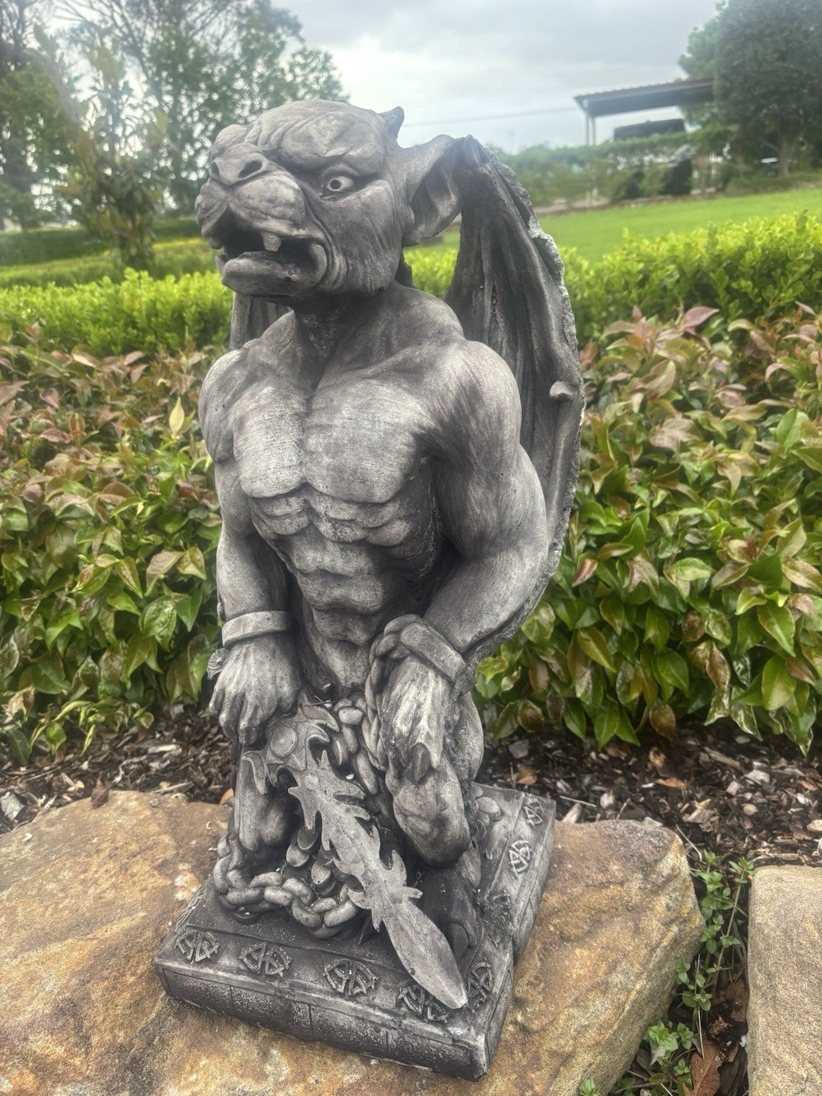 22nice4me Garden Statues concrete gargoyle statue with sword, featuring detailed gothic design for outdoor decor.