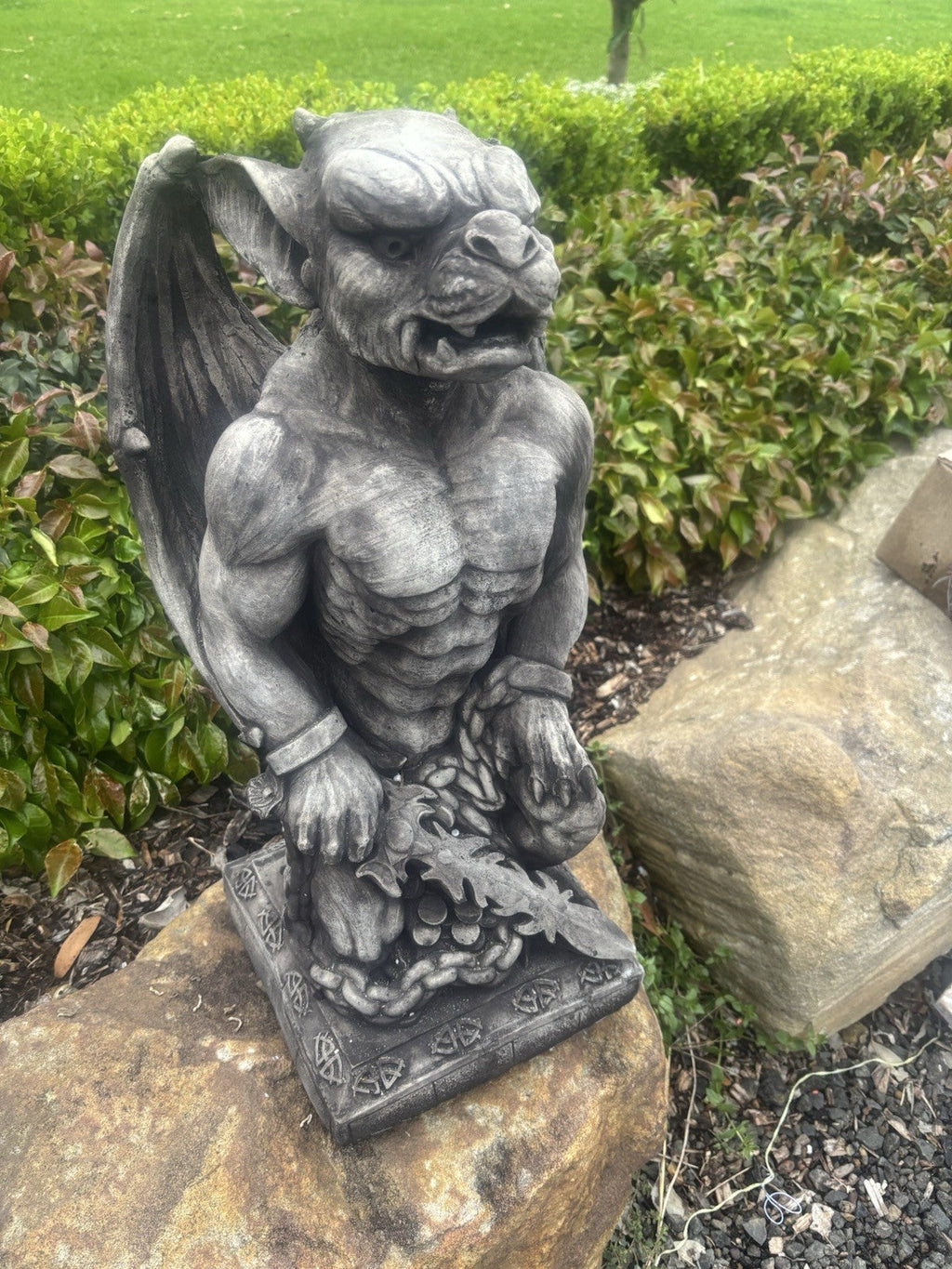 22nice4me Garden Statues concrete gargoyle holding a sword, featuring detailed gothic design for outdoor decor.