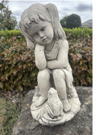 22nice4me Garden Statues concrete girl with frog ornament featuring a weathered grey stone finish in a garden setting