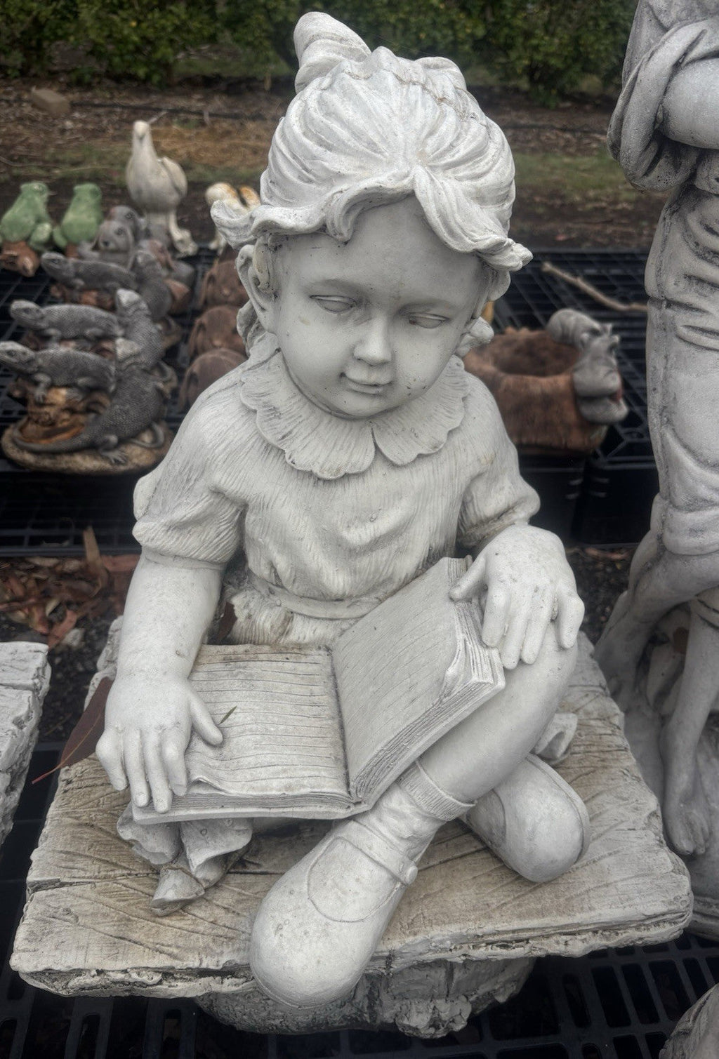 22nice4me Garden Statues concrete girl reading a book statue sitting on a rustic bench with detailed features