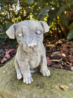 22nice4me Garden Statues concrete Jack Russell dog ornament sitting on a mossy stone in a garden setting.