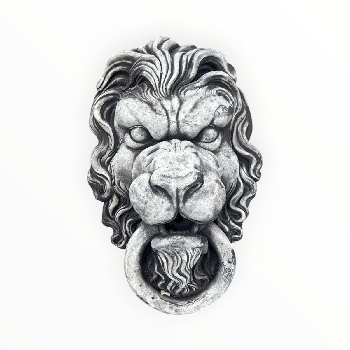 22nice4me Garden Statues concrete lion head wall ornament with a detailed mane and ring knocker in natural grey finish