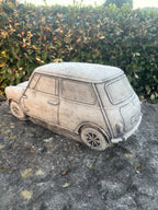 22nice4me Garden Statues concrete Mini Minor car ornament with detailed bodywork and wheels in a natural finish