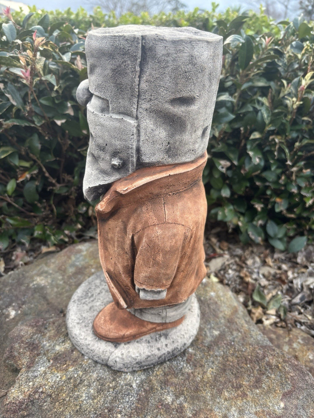 22nice4me Garden Statues concrete Ned Kelly figure with iconic helmet and brown coat, standing on a stone base.