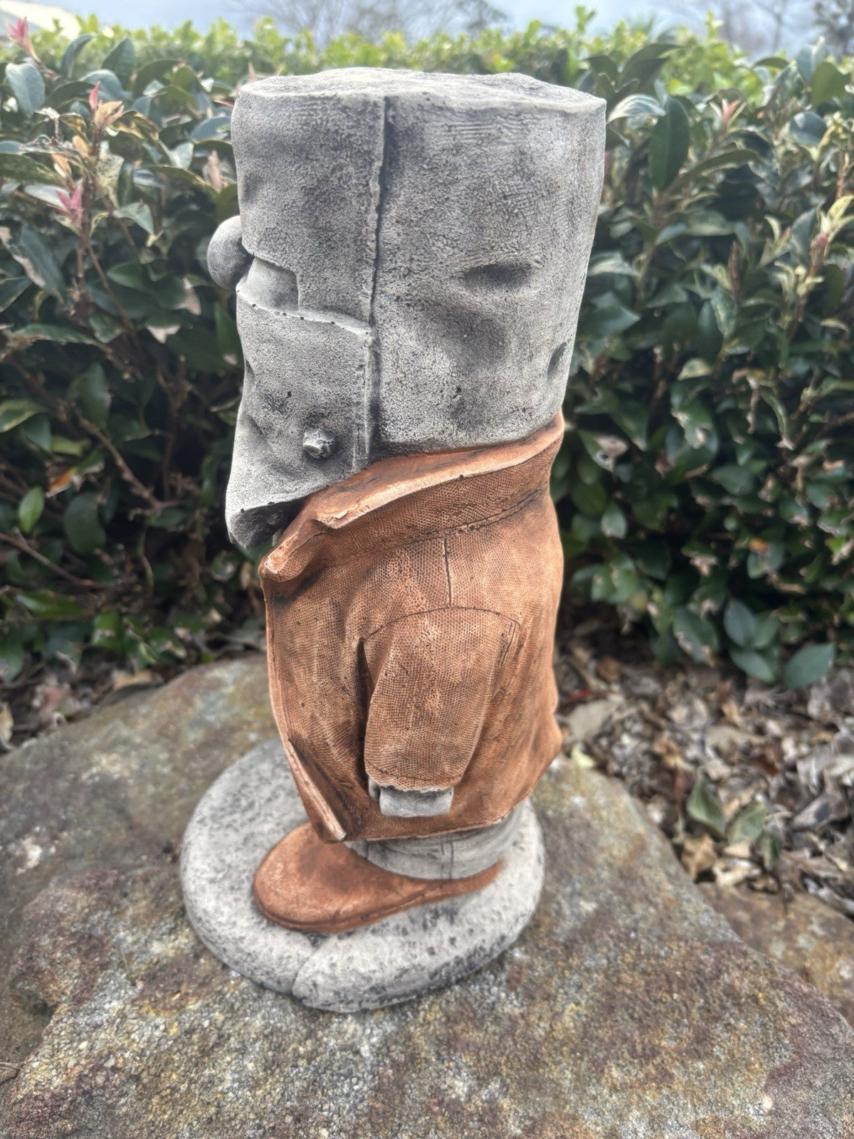 22nice4me Garden Statues concrete Ned Kelly figure with iconic helmet and brown coat, standing on a stone base.