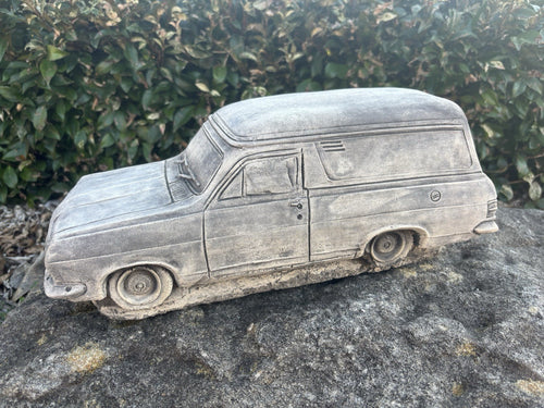 22nice4me Garden Statues 1967 HR panel van concrete ornament with detailed bodywork in a natural grey finish.