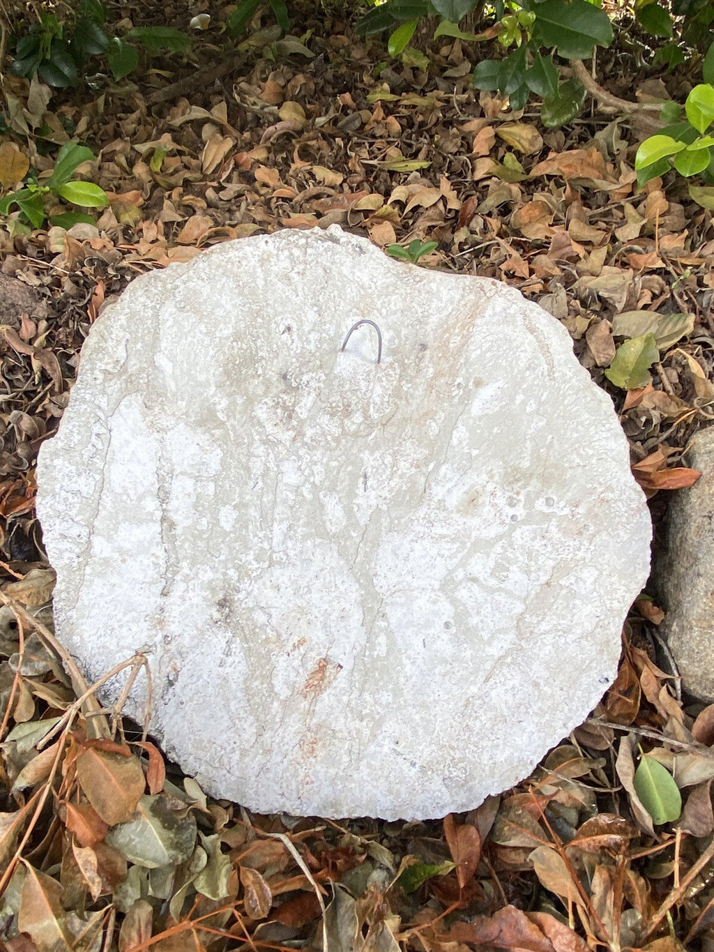 Back view of 22nice4me Garden Statues concrete plaque showing the metal hanging hook on a textured stone surface