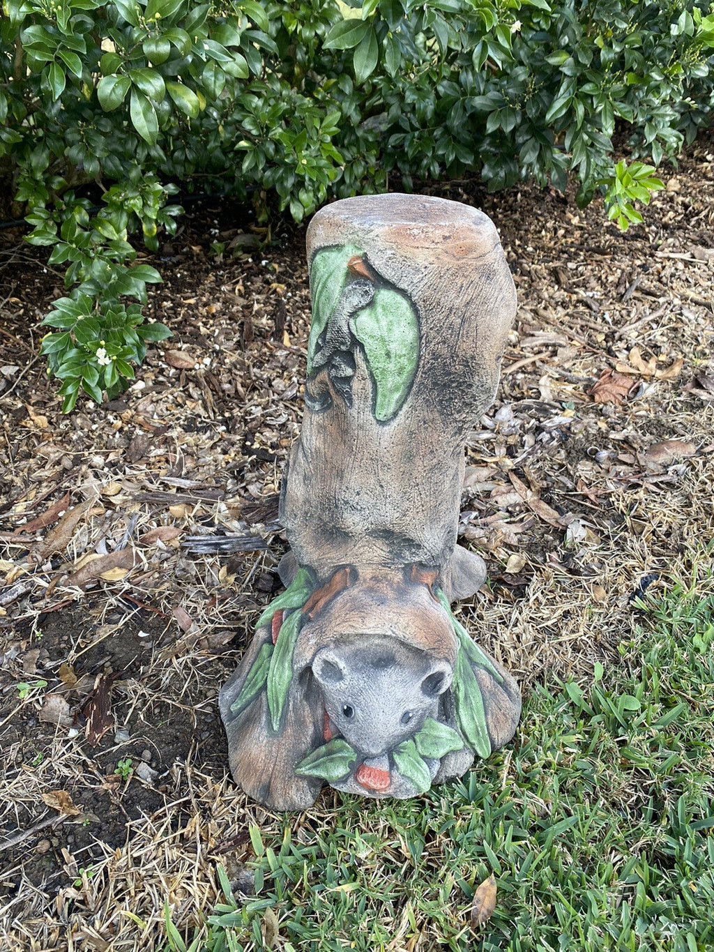 22nice4me Garden Statues concrete bird bath featuring a detailed possum on a rustic tree pedestal in a garden setting
