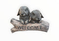 22nice4me Garden Statues concrete welcome sign featuring two realistic mini lop rabbits perched on a textured log