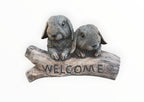 22nice4me Garden Statues concrete welcome sign featuring two realistic mini lop rabbits perched on a textured log