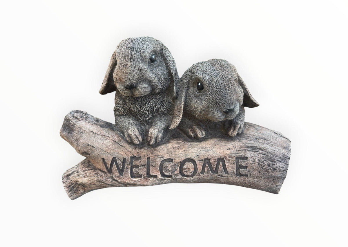 22nice4me Garden Statues concrete welcome sign featuring two realistic mini lop rabbits perched on a textured log