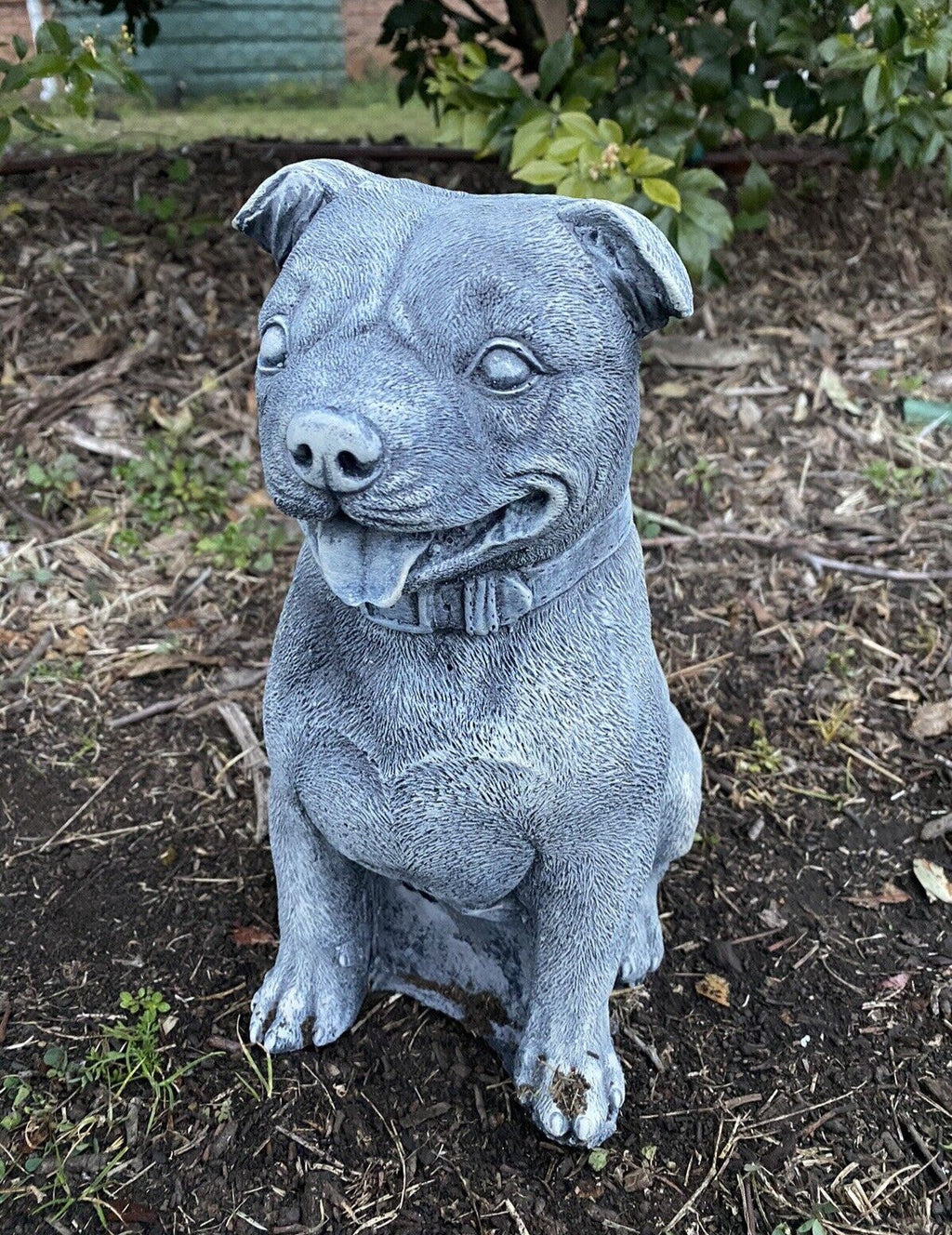 22nice4me Garden Statues medium concrete Staffordshire Bull Terrier dog ornament sitting in a garden bed