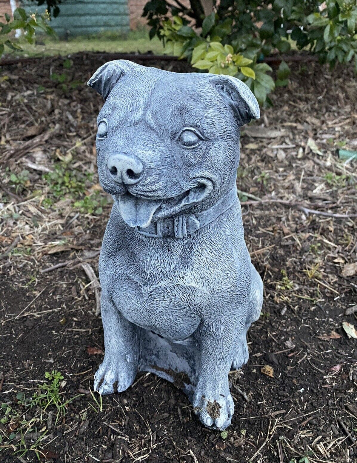 22nice4me Garden Statues medium concrete Staffordshire Bull Terrier dog ornament sitting in a garden bed