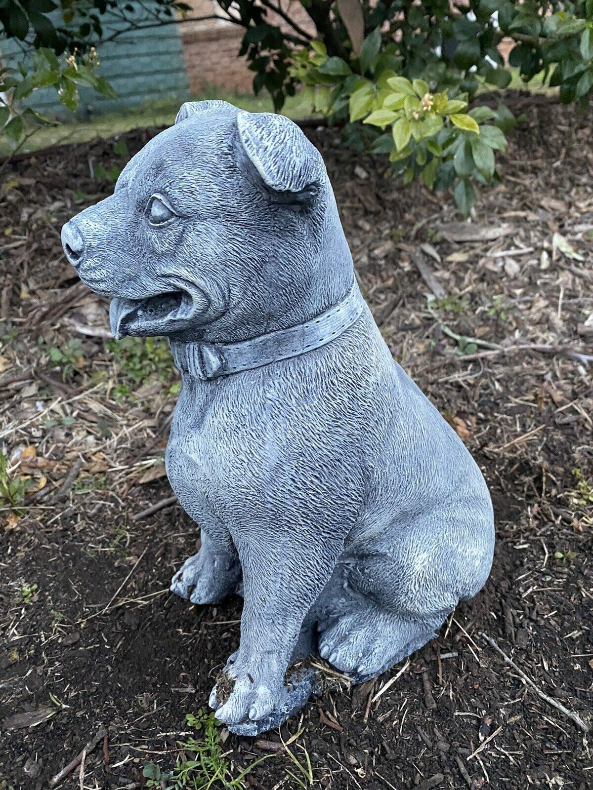 22nice4me Garden Statues medium concrete Staffordshire Bull Terrier dog ornament sitting in a garden bed