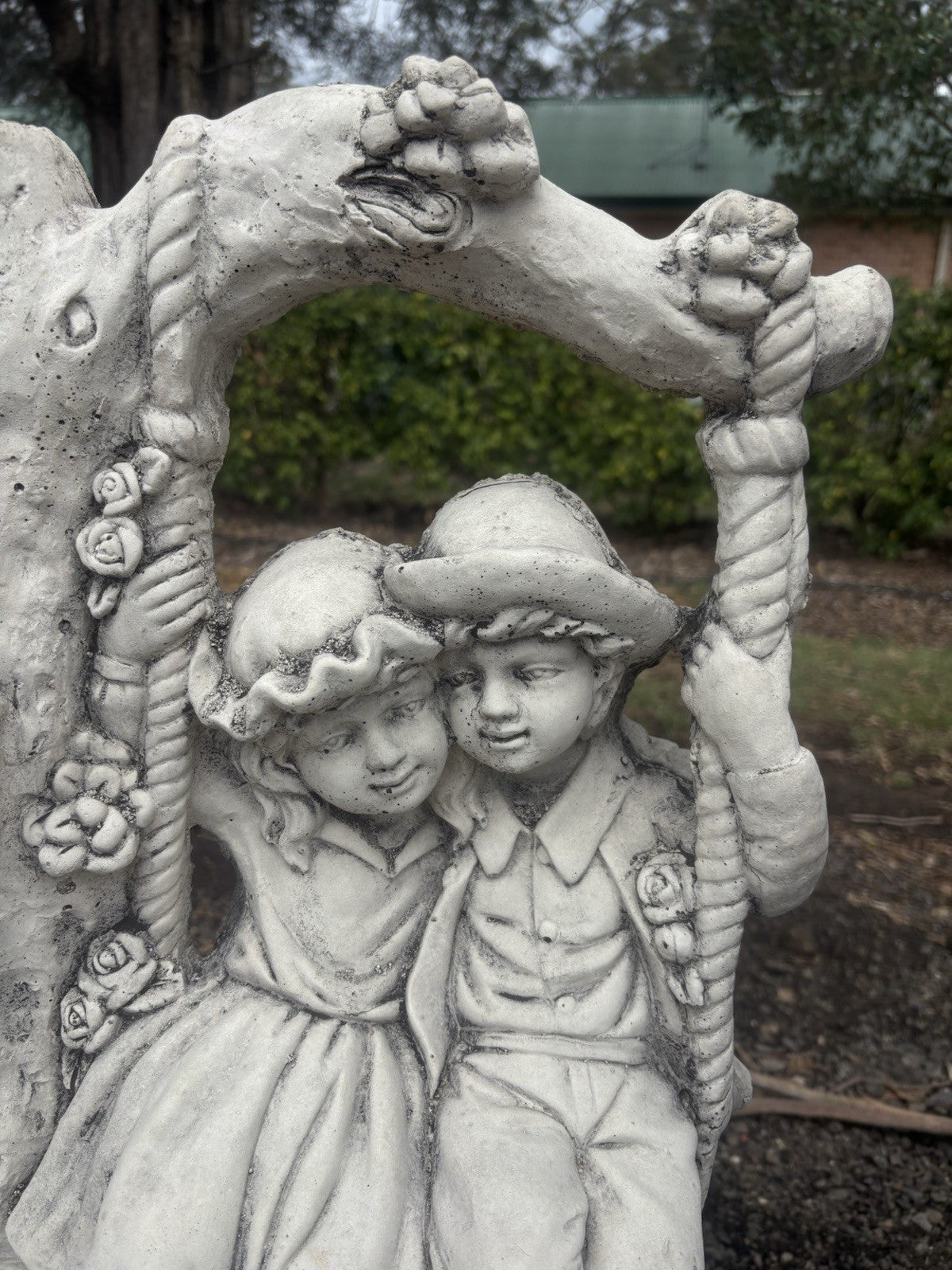 22nice4me Garden Statues concrete boy and girl on a floral swing ornament with vintage tree arch design