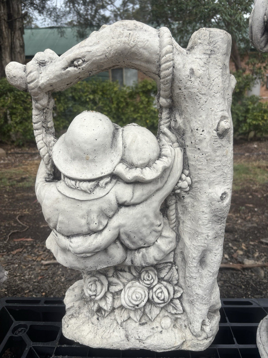 22nice4me Garden Statues concrete boy and girl on a swing ornament with floral and tree arch detailing