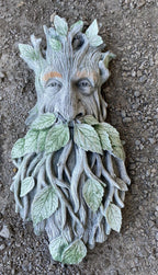 22nice4me Garden Statues concrete tree face wall hanging with leaf and branch details in grey and green tones