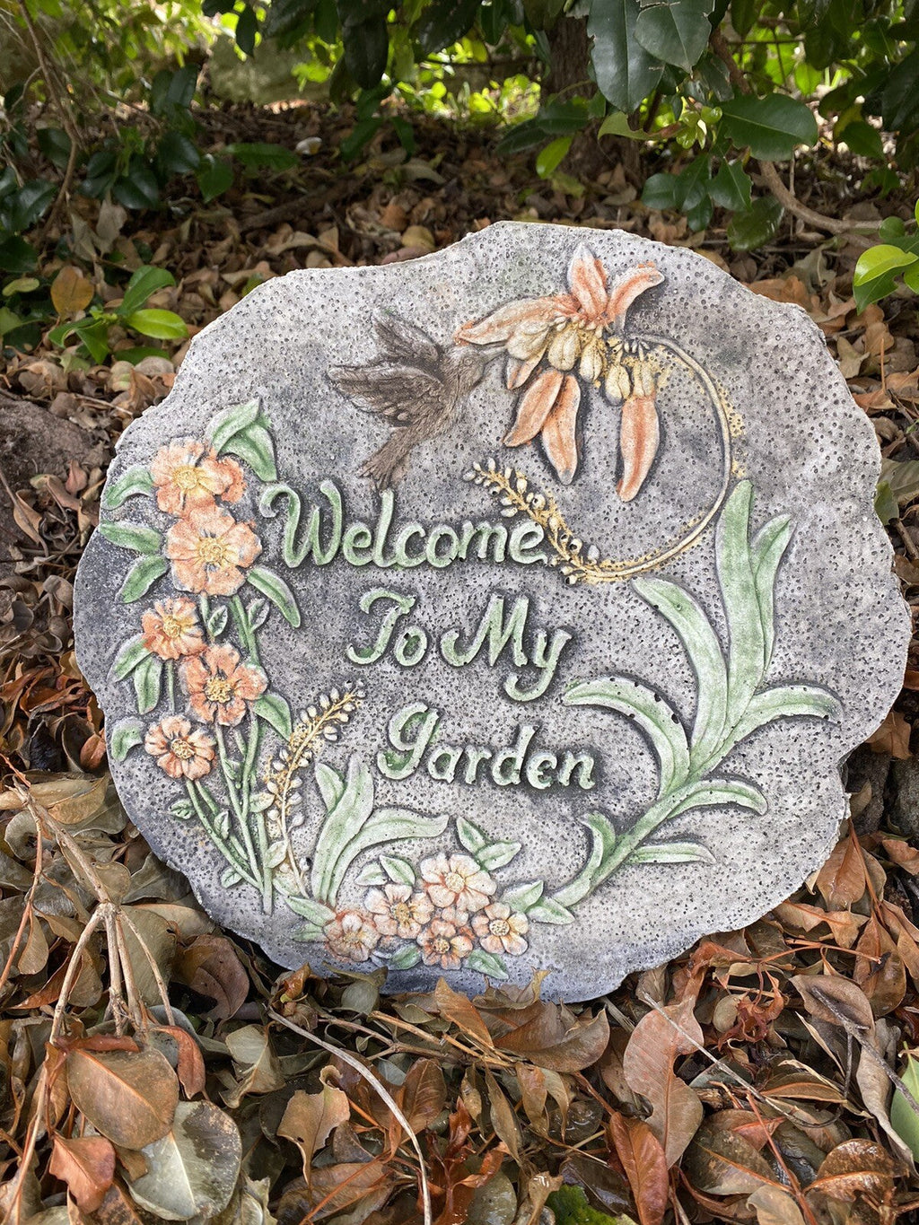 22nice4me Garden Statues concrete Welcome to My Garden plaque with hand-painted hummingbird and floral design