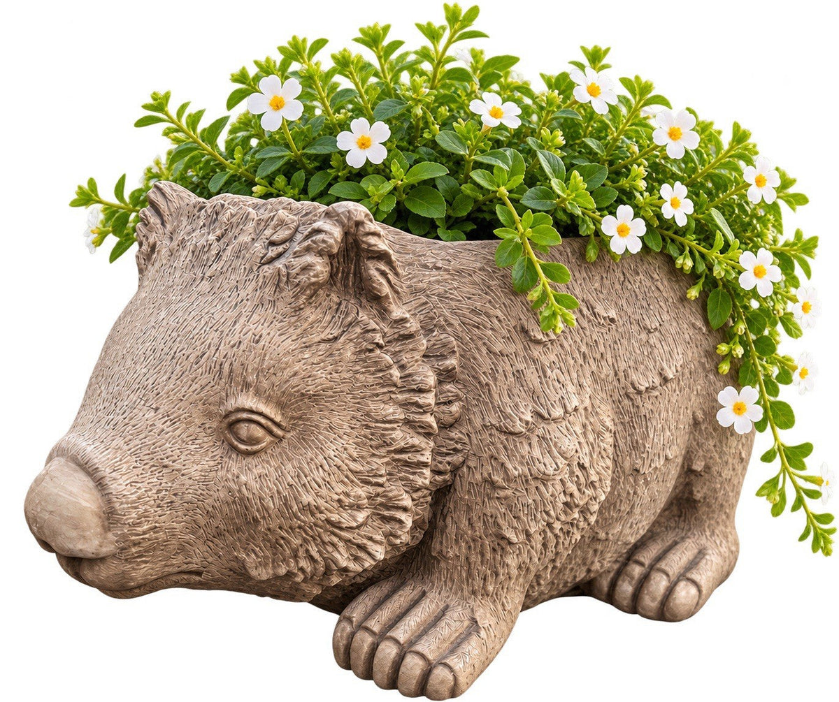 22nice4me Garden Statues concrete wombat planter with textured fur and white flowering plant in earthy brown finish