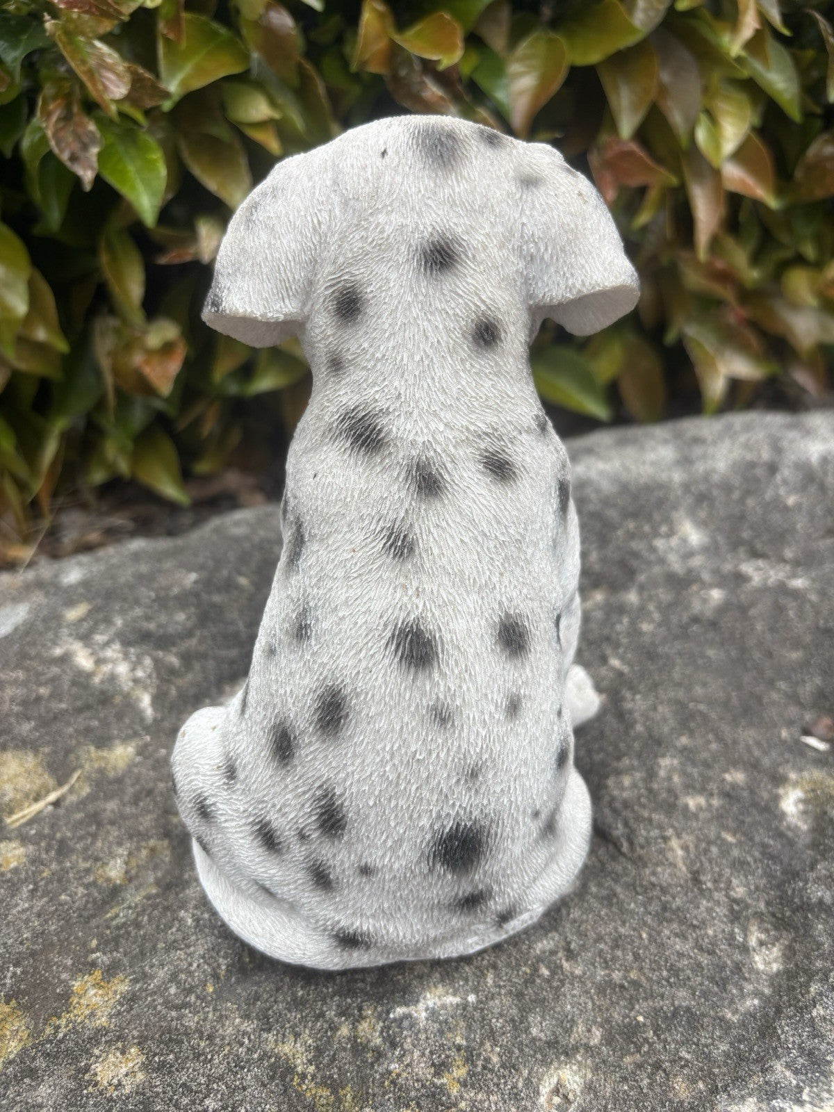 22nice4me Garden Statues resin Dalmatian puppy ornament with black spots, viewed from the back on a stone surface.